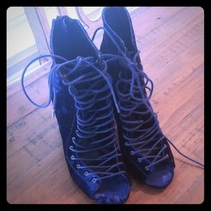 Super Fun Blue Velvet laceup booties